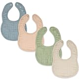Comfy Cubs Muslin Bibs for Babies, Pack of 4 - Soft and Highly Absorbent, Feeding, Drool and Teething Bib, Adjustable Snaps - Stylish & Colorful Unisex Designs, Giftable Set - Multicolor