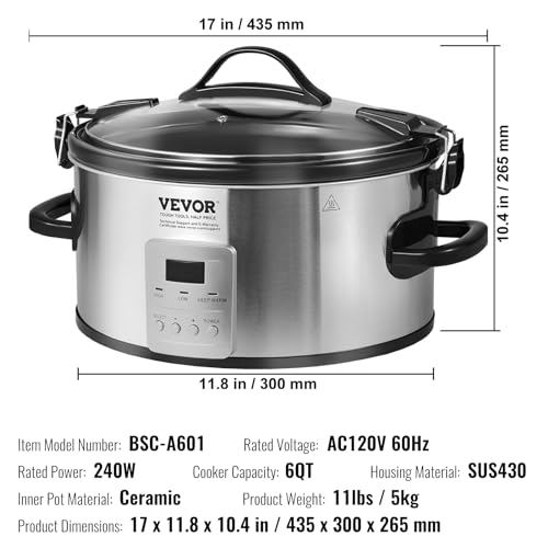 VEVOR Slow Cooker, 6QT 240W Electric Slow Cooker Pot with 3-Level Heat Settings, Digital Slow Cookers with 20 Hours Max Timer, Locking Lid, Ceramic Inner Pot for Home/Commercial Use - Image 8
