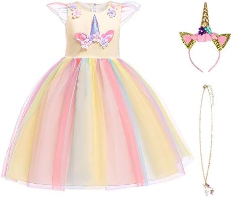 URAQT Unicorn Costume, Princess Unicorn Dress Fancy Dress with Necklace, Headband for Kids & Toddlers Birthday/Cosplay/Hallween Party,Purple 120CM