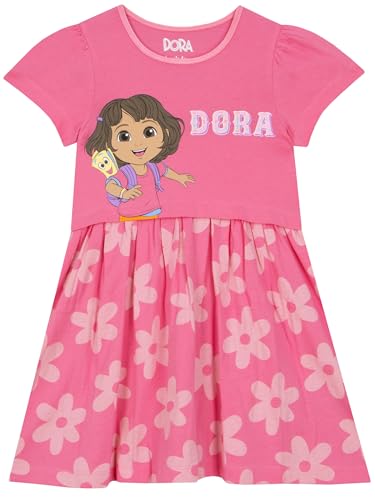 DORA Vestido Niña, Vestidos De Verano De Algodón, Vestidos para Niña Manga Corta, Ropa para Niñas, Rosa 6-7 años