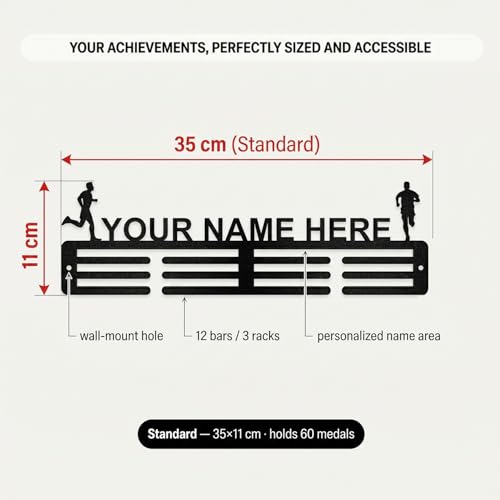 Image of Sehaz Artworks Personalised Medal Hangers for Wall with Name & Icons | Custom Medal Holder Display | Wall Mount Medal Rack for Athletes | Holds 60 Medals | Running, Cricket, Badminton, Academic & More
