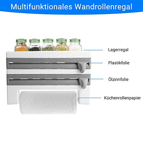 Dispensador de rollos de cocina 3 en 1, papel de aluminio montado en la pared y soporte de película adhesiva, con cortador