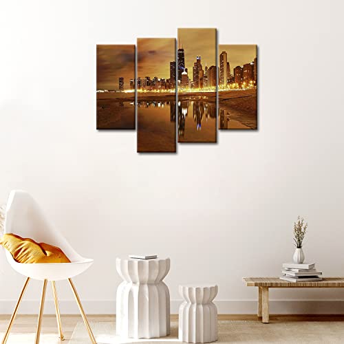 So Crazy Art- Chicago Wall Art Decor Skyline Of Usa City Under The Lighted Night Canvas Pictures Artwork 4 Panel Modern Painting Prints For Home Living Dining Room Kitchen #TOP3