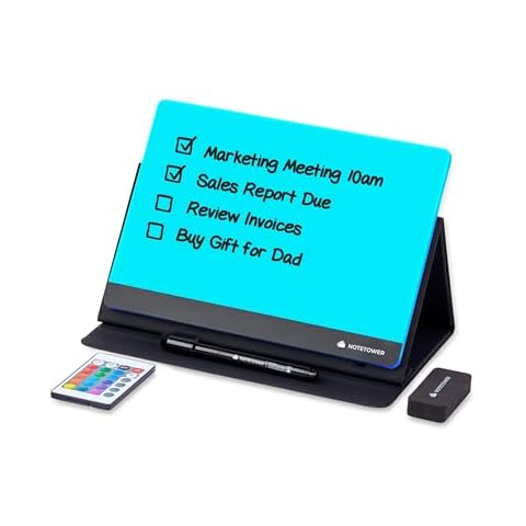 Note Tower LED Desktop Whiteboard with PU Leather Stand | Dry Erase Glass Board for Desk | Ambience Color Changing White Board | Remote & App Controlled for Office & Home (Electric) Cover
