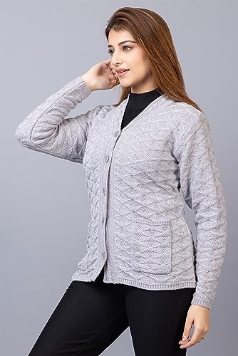 Image of Women Woolen V Neck Casual Wear Stylish Cardigan Sweaters for Winter with Front Pockets