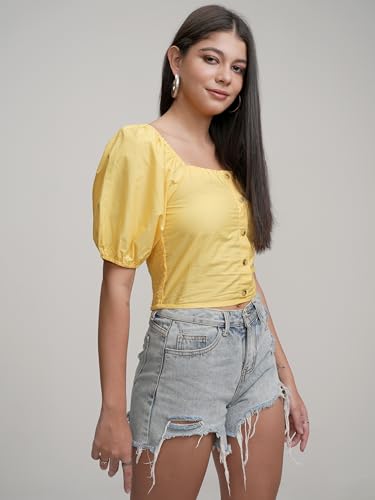Image of Tokyo Talkies Women's Puff Sleeves Shirt-Style Crop Top | Chic & Trendy | Perfect for Casual Outings & Weekend Brunches | Tops for Woman | Women Tops | Stylish Top