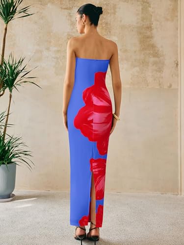 Image of PRETTYGARDEN Women Summer Strapless Maxi Dress Bodycon Floral Sexy Long Wedding Guest Dress Formal Tube Mesh Cocktail Dresses