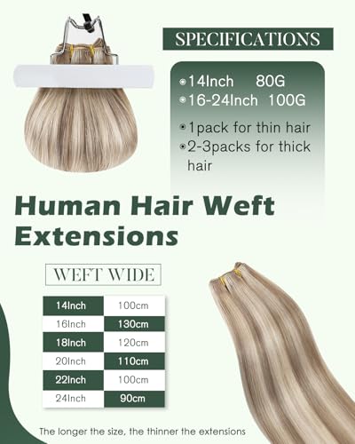 Image of Ugeat Weft Hair Extensions Human Hair, Sew in Hair Extensions 18 Inch 100g, Hair Weft Extensions Light Brown Highlights Platinum Blonde, Softness
