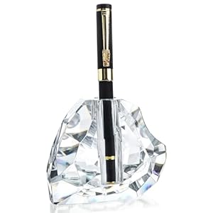 QFkris 3.5” Crystal Signature Fountain Pen & Pencil Holder Heart Shaped Glass Cut Pen Stand Office Supplies Desktop Organizer Desk Decoration Student Graduation Birthday Gift