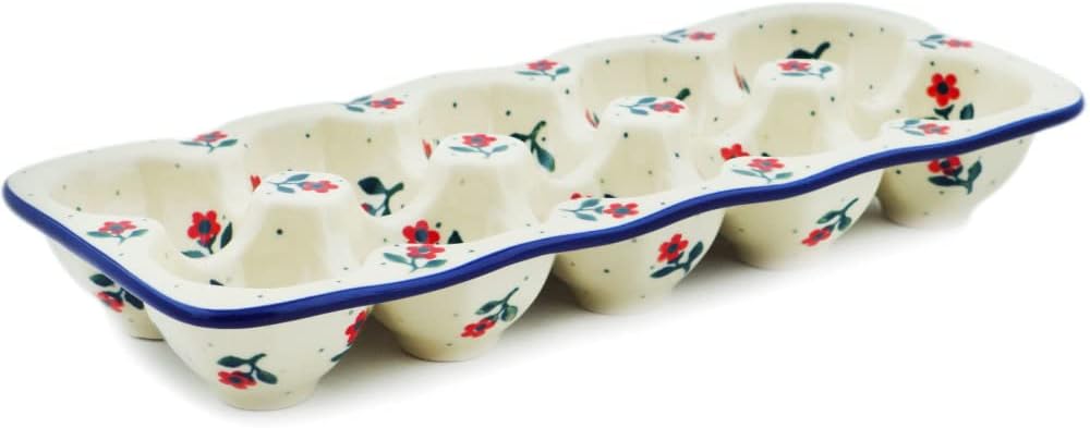 Polmedia Polish Pottery Egg Crate - Auntie Em Scarlet Pattern Handmade in Boleslawiec Poland by Ceramika Artystyczna + Certificate of Authenticity