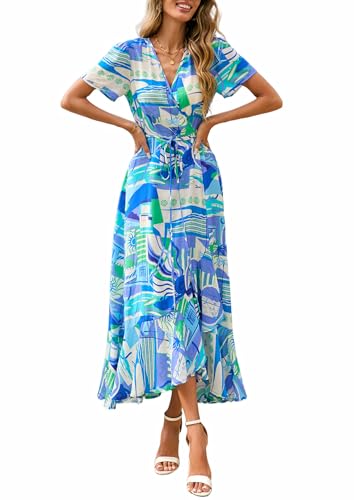 Image of PRETTYGARDEN Women's Summer Wrap Maxi Dress Casual Boho Floral V Neck Short Sleeve Ruffle Hem Split Beach Long Dresses