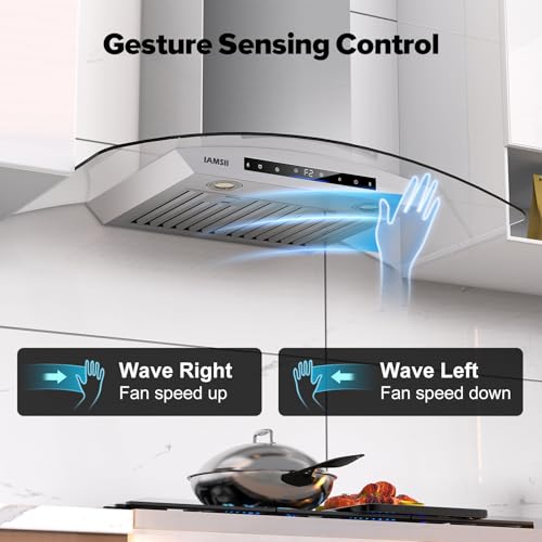 Image of 30 inch Wall Mount Range Hood, 900 CFM Kitchen Vent with Gesture & Remote & Touch Control, Ducted Stainless Steel with Tempered Glass Kitchen Hood with Memory Mode, Adjustable Lights