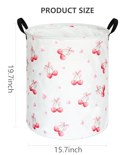 Image of Cherry Print Round Laundry Hamper Storage Basket Bins Clothes Nursery Hamper for Home, Gift Storage Bins with Handles