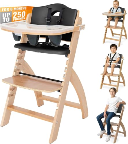 Image of Abiie Beyond Junior Wooden High Chair for Babies and Toddlers - Convertible 3-in-1 Baby Highchair with Removable Tray - 6 Months to 250 Lb - Water Resistant - Natural Wood /Black Pearl Cushion