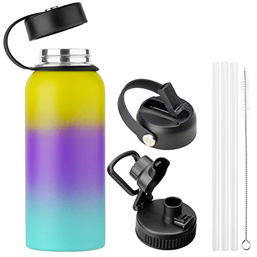32 Oz Sports Water Bottle,Double Wall Vacuum Insulated Stainless Steel Thermos with 3 Lids,3 Straws,1 Brush,Wide Mouth Reusable Metal Canteen,Sweat Proof Leak Proof Flask Great for Hiking & Biking