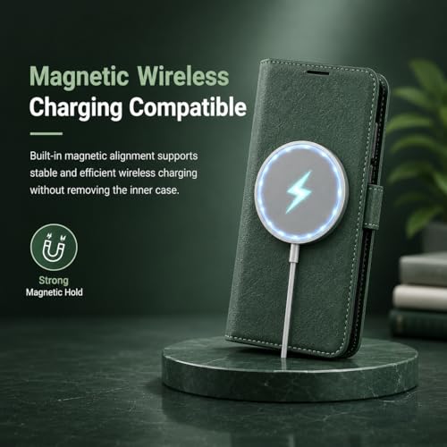 Image of FASHINA S26 Leather Flip Wallet Case with Magnetic Closure, Card Holder Slots, Shockproof Inner Cover, Premium Leather Finish for Complete 360 Protection Green