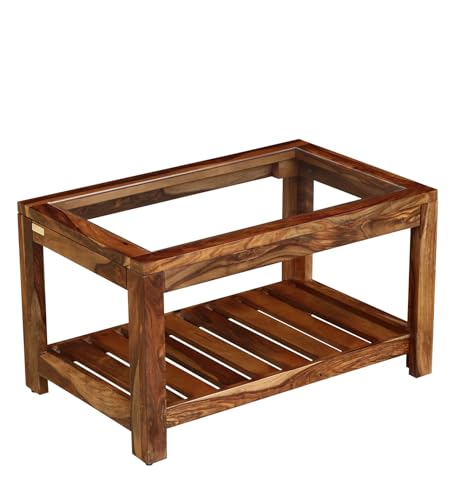Image of BWF Premium Sheesham Wood Glass Top Coffee Table | Solid Wooden Centre Table with Bottom Storage Shelf | Living Room, Hall & Office Sofa Table | 32D x 20W x 18H Inches | Natural Wood Finish | BP-031