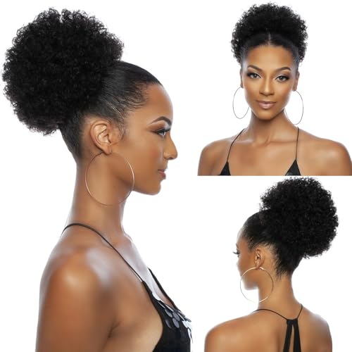 Afro Puff Ponytail Drawstring Wigs for Black Woman 6 Inch Natural Black 100% Human Hair Puff Ponytail Extension Clip On Kinky Drawstring Curly Ponytail Bun Durable Natural Soft and Smooth Hairpiece