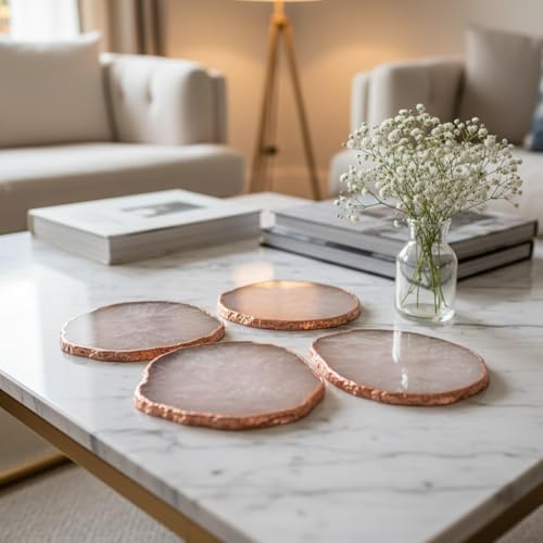 Image of Natural Agate Stone Tea Coasters Set | Premium Stone Coasters for Tea, Coffee & Glass | Heat Resistant Coasters for Dining Table, Office Desk & Home Decor | Pack of 4 | Color -White
