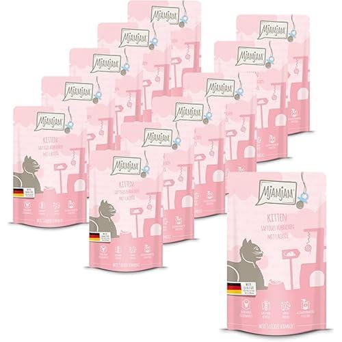 MjAMjAM - comida húmeda premium para gatos - Quetschie - Kitten jugoso pollo con aceite de salmón, pack de 12 (12 x 125 g), sin cereales con extra de carne