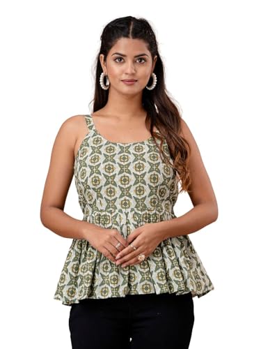 Image of feranoid Women Cotton Printed Sleeveless Strap Peplum Top