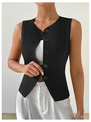 MakeMeChic Women's Sleeveless Single Breasted Blazer Round Neck Asymmetrical Hem Blazer Vest4