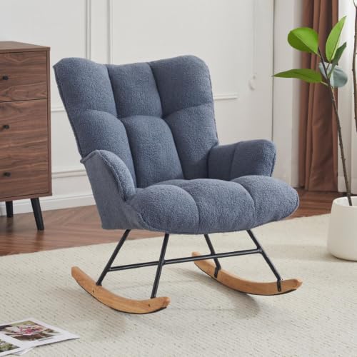 Image of SAETSFEG Rocking Chair Nursery Teddy Upholstered Glider Rocker Rocking Accent Chair Padded Seat with High Backrest Armchair Comfy Side Chair for Living Room Bedroom Offices (Darkblue Teddy)