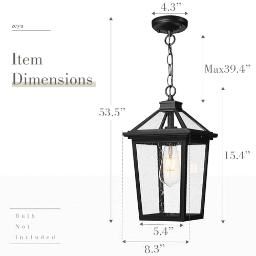Image of zeyu 15.4 Inch Outdoor Hanging Light, Medium Exterior Pendant Porch Light for House Garden, Die-Cast Aluminum with Seeded Glass, Black Finish, ZX58MH BK