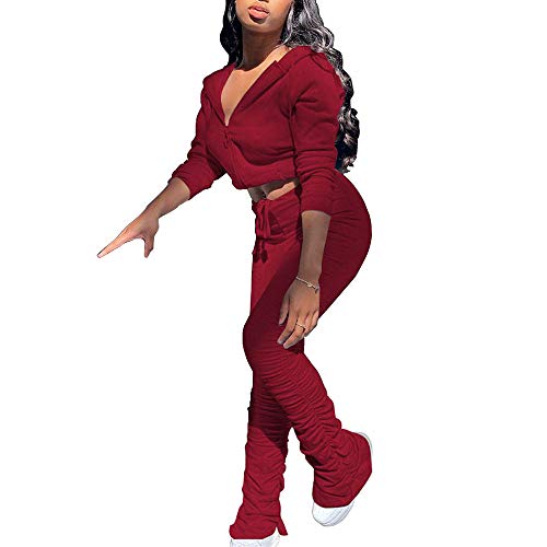 2 Piece Tracksuit for Women Casual Long Sleeve Full Zip Hoodie Coat Sweatshirt Skinny Pants Yoga Workout Jogging Sets Wine