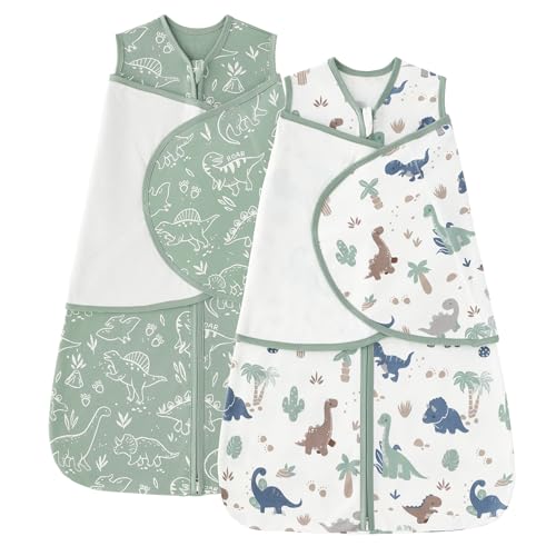 FIEMOL Baby Swaddle Sleep Sack 0-3 Months Cotton Swaddles for Newborns Boys Girls 2-Way Zipper Transitional Infant Wearable Swaddling Blanket with Quiet Closure 0.5 TOG 2 Pack Soft Green Dinosaur