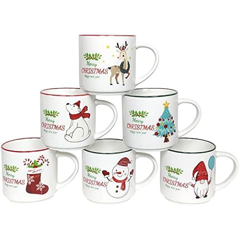 QIKSION Christmas Mugs Set of 6, 14oz Cute Ceramic Coffee Mugs, Stackable Christmas Coffee Mugs as Christmas Gifts for Family, Friends and Colleagues Cover