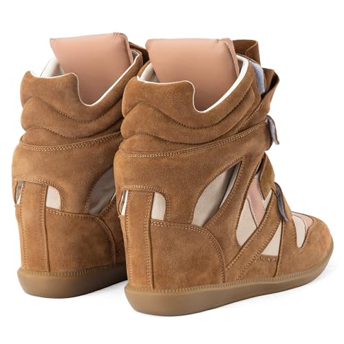 Image of Wedge Sneakers for Women Suede Tennis Shoes Hidden Wedges Round Toe Strappy High Top Sneakers Comfy Casual Walking Shoes