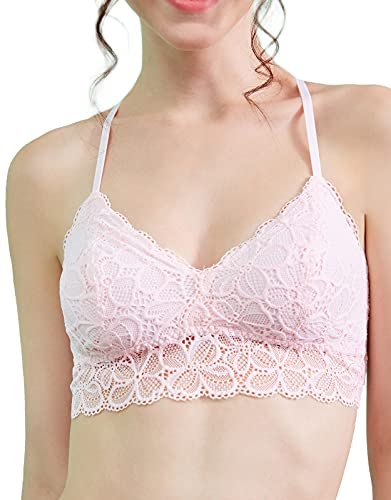 Luna & Sun Soft Simple Sexy Breathable Wirefree Lace Bralette (Light Pink, S)