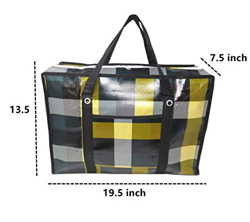Set Of 4 Large Reusable Unbreakable Hard Plastic Fabric Checkered Laundry Bags With Zipper And Handles For Travel, Grocery, Laundry, Shopping, Storage, Moving,Size:(19.5"X13.5"X7.5")- Colors May Vary #TOP2