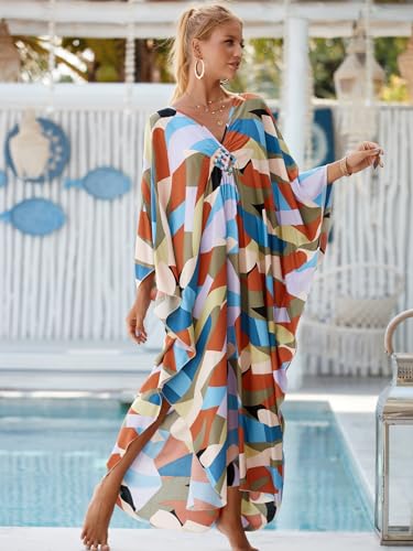 Image of IMAGEKOPE Women's Plus Size Animal Print V-Neck Batwing Kaftan Beach Dress Bathing Suit Cover-Up Loungewear