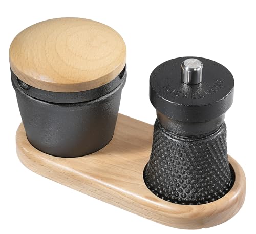 Zassenhaus Gourmet-Set WORKER 3-teilig, Pfeffermühle aus Gusseisen, präzises Keramikmahlwerk, Gewürzreibe mit Vorratsfach, Mühlenuntersetzer aus Buchenholz, ideal für Küche & Tisch