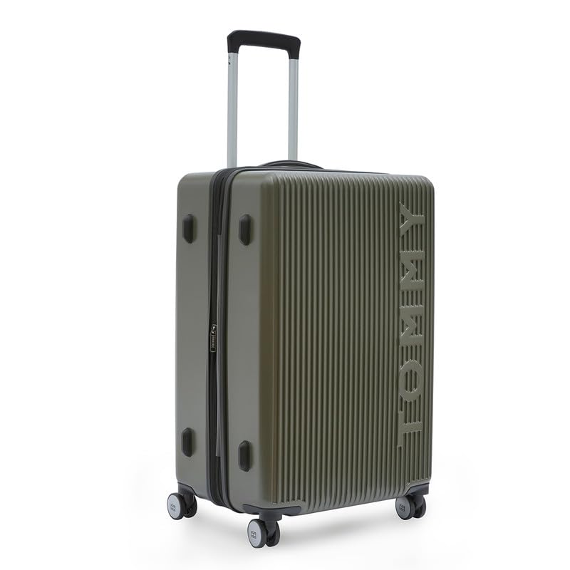 Image of Tommy Hilfiger Polycarbonate Double 8 Spinner Wheels Hard Shell Luggage Trolley, Olive Green, Empire Plus, 35L | Big Suitcase for Travel, Travelling Luggage, Small, 57 Cm