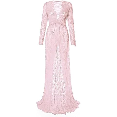 Saslax Women's Off Shoulder Ruffle Sleeve Lace Maternity Gown Maxi Photography Dress - pink - XX-Large Cover