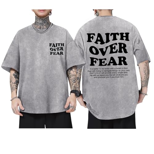 Image of Christian Shirts for Men Faith Over Fear Oversized Shirt Acid Wash Tshirt Graphic Religious T Shirt Bible Verse Tees