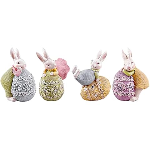 MineDecor Resin Bunny Decorations Set of 4 Spring Easter Decors Figurines Tabletopper Accessories for Party Home Holiday, Bunny with Eggs Cover