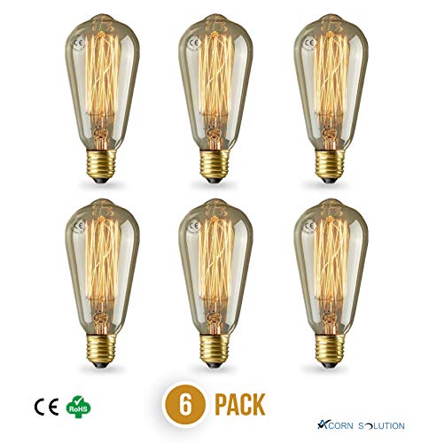 AcornSolution - Bombilla Edison vintage con filamento expuesto -ST58/A55/G80 en forma de jaula de ardilla tipo base mediana, 60W-E27-ST58, Vintage Edison -6 Pack