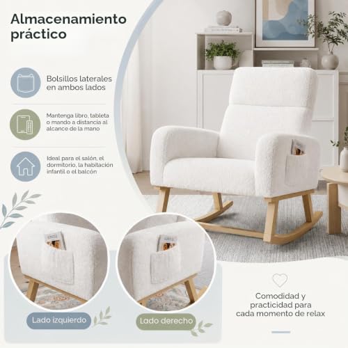 Miniatura 4 de Brilverde Mecedora De Lactancia, Silla De Relax Con Piel De Cordero Blanca, Adhesivo Antideslizante, Para Salón Y Balcón, Color Blanco Lana De Cordero