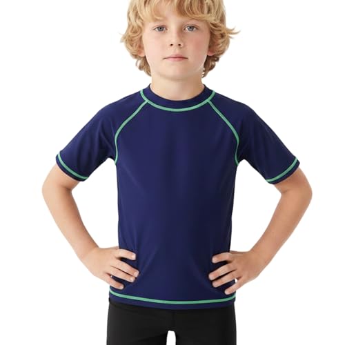 Image of Rash Vest Boys Short Sleeve, UPF 50+ Kids Rash Guard Swim Shirts, Quick Dry Swim Top 3-12 Years for Beach Pool Water Sports Navy