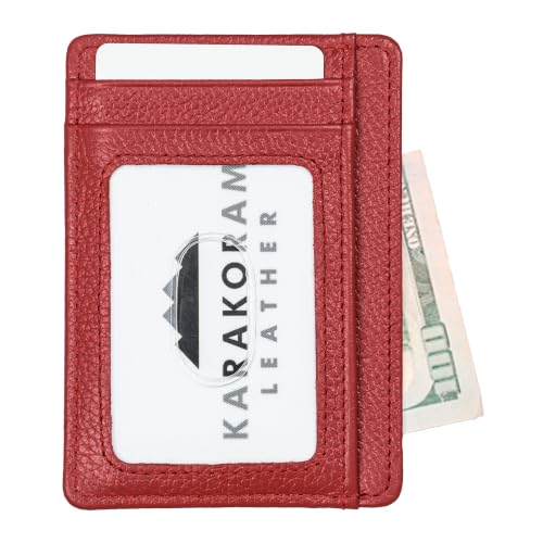 Image of KARAKORAM LEATHER Credit Card Holder for Men & Women - Slim Front Pocket Wallet with RFID Blocking, Handmade Top-Grain Cowhide, Holds 8 Cards + Cash, Quick-Access Slots, Gift Box (Alpine Ruby Red)
