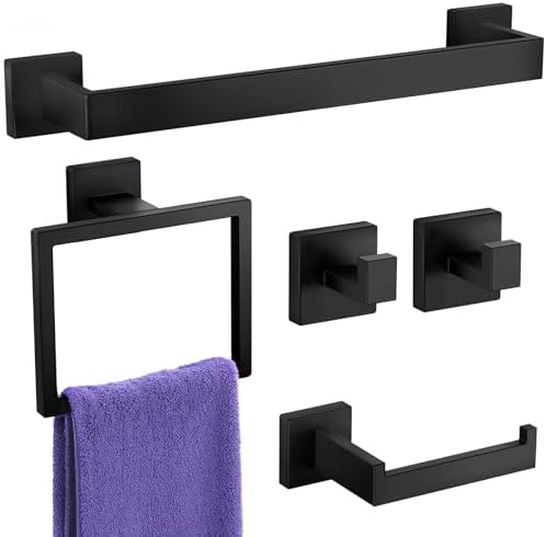 Bathroom Hardware Accessories Set: 5-Pieces Bath Towel Bar Set, Towel Racks for Bathroom Wall Mounted, SUS304 Stainless Steel, Matte Black