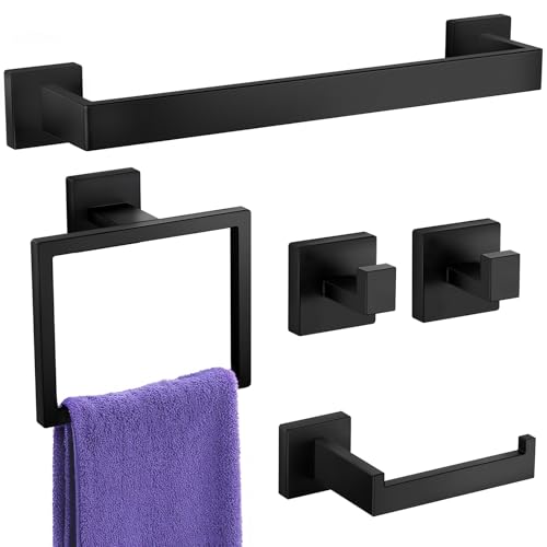 UPRONE Bathroom Hardware Accessories Set: Bath Towel Bar Set, Towel Racks for Bathroom Wall Mounted, SUS304 Stainless Steel (Matte Black, 5-Pieces)