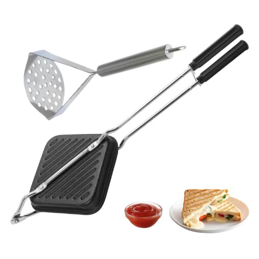 Non-Stick Sandwich Toaster for Gas Stove with Stainless Steel Potato & Vegetable Masher | Double Non-Stick Coating | Gas Compatible Sandwich Maker | Toaster Pan + Masher Kitchen Combo-image-2