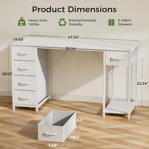 LUCKRACER Vanity Desk with 5 Fabric Drawers & Storage Shelves, Makeup Dressing Table, Computer Desks for Home Office Bedroom, White, No Mirror
