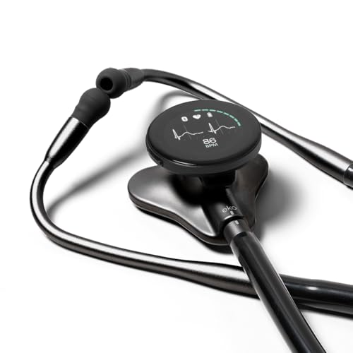 EKO CORE 500 Digitales Stethoskop, 40-Fache Verstärkung, Aktive Geräuschunterdrückung, 3-Draht-EKG, FDA-Zugelassen Mit , Vollfarbanzeige, Matt, Schwarz