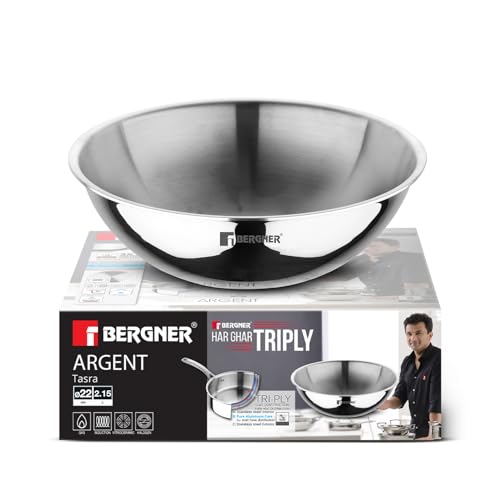 Image of BERGNER Argent Triply Stainless Steel Tasra /Tasla Without Lid, 22cm (2.25 L), Consumes Less Oil, Healthy Cooking, Faster and Even Heat Distributio, Easy to Clean - Induction and Gas Stove Ready